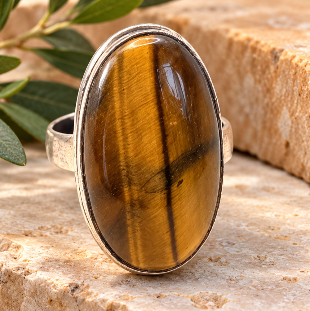 Sterling Silver Tiger Eye Statement Ring Sz 9.75 Large Oval Cabochon Unisex 10g